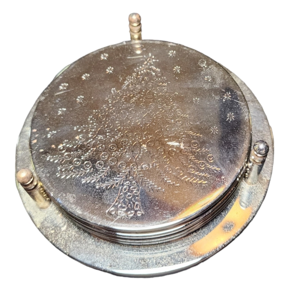 Vintage Silver Plated Holiday Christmas Tree 4 Coaster with Holder‎ Coaster Set
